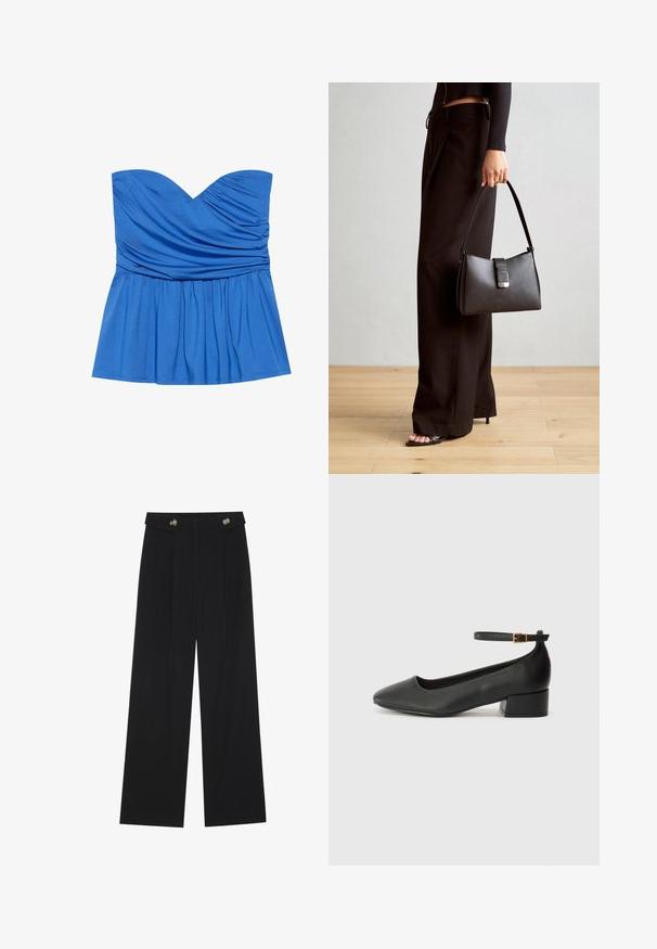 Modrý bezramínkový peplum top vyrobený z hladké tkaniny, se srdcovým výstřihem a nabíranými detaily v oblasti poprsí a pasu.; Černé široké kalhoty s vysokým pasem, detailní knoflíky na pase a přední záhyby.; Černé kožené lodičky s špičatou špičkou a nízkým blokovým podpatkem. Obsahují pásek kolem kotníku se zlatou sponou. Hladký povrch.; Černá kabelka se strukturovaným tvarem, hladkým povrchem a kovovým uzávěrem. Kombinována s širokými černými kalhotami a sandály s otevřenou špičkou na dřevěné podlaze.