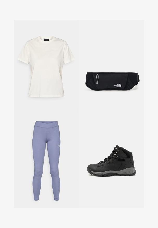 Valge puuvillane T-särk lühikeste varrukatega, ümmargune kaelus ja diskreetne logo detail ees. Pehme tekstuur, lõdva lõikega.; Sinised sportlikud retuusid, mis on valmistatud pehmest ja venivast kangast. Omavad kõrget vööd ja väikest valget logo vasakul reiel.; Mustarjaline matkasaabas, millel on keskmine disain, tekstuuriga ülemine osa, hallid aktsendid ja vastupidav kummist põhi, millel on haardelugesid.; The North Face SUNRISER RUN BELT UNISEX - Puusakott - black/white