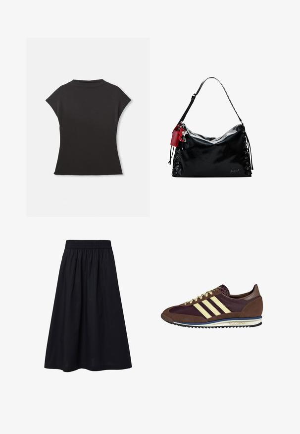 Černý krátký rukáv top s vysokým výstřihem a volným střihem. Vyrobeno z měkké látky s hladkým povrchem. Bez viditelných vzorů nebo grafik.; Černá sukně ke kolenům vyrobená z lehkého materiálu. Má elastický pas a jednoduchou, hladkou strukturu. Žádné viditelné vzory nebo ozdoby.; Hnědé a burgundské tenisky z semiše a síťoviny, s třemi krémovými pruhy, texturovaným materiálem na jazyku a gumovou podrážkou.; Černá kožená kabelka s uvolněným designem, se šněrováním po stranách a červenou akcentovou štítkem. Disponuje dlouhým nastavovacím popruhem.