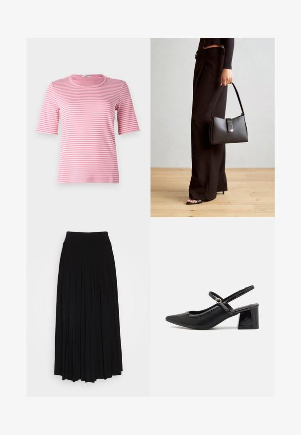 Rožinė ir balta dryžuota trumpomis rankovėmis marškinėliai su apvaliu iškirpimu, pagaminti iš minkštos medžiagos, turintys prigludusį dizainą ir lygią tekstūrą.; Juodas plisuotas sijonas su aukštu, tampri juosta. Pagamintas iš minkštos medžiagos, turi vertikalias plisėles, sukuriantis laisvą siluetą.; Juodi patentinio odos slingback aukštakulniai su smailiu pirštu, apvaliu išpjovimu ir blokiniu kulnu. Papuošti auksiniu juostos akcentu.; Juodas rankinė struktūrizuota forma, lygi tekstūra ir metalinis užsegimas. Suporuota su plačiomis juodomis kelnėmis ir atvirais bateliais ant medinių grindų.