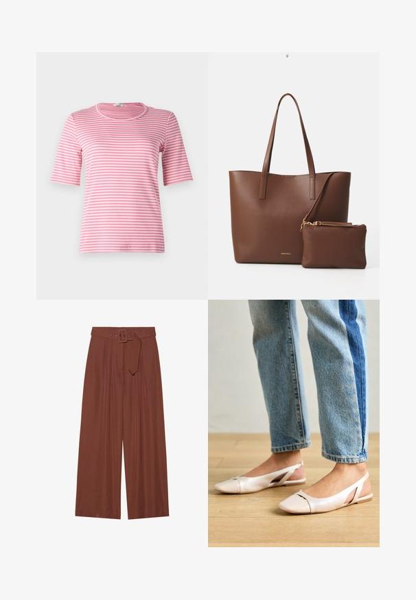 Pink and white striped short-sleeve shirt with a round neckline, made of soft fabric, featuring a fitted design and smooth texture.; Wide-leg trousers in brown fabric, featuring a belt with a square buckle, pleated design, and smooth texture.; Pale pink slingback flats with a pointed toe, made from a smooth leather-like material. Features cut-out details at the sides and a flat heel.; Brown faux leather tote bag with two long handles and a matching small pouch. The surface features a textured pattern and gold hardware accents.