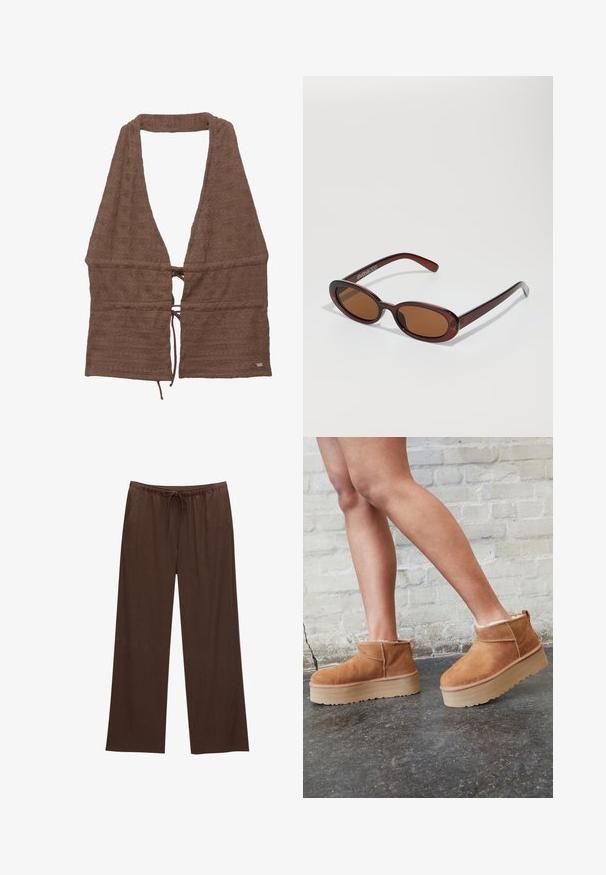 Bruine badstof wikkel met een diepe V-hals, verstelbare strikdetails in de taille, gestructureerd oppervlak met een subtiel patroon, open voorkant ontwerp.; Bruine wijde broek gemaakt van zachte stof, met een elastische tailleband en een trekkoord, en twee zijzakken.; Bruine suède enkelboots met een zachte voering, dikke beige plateauzool en een achterste lus. Getextureerde oppervlakte met zichtbare stiksels.; Ronde, bruin getinte zonnebril met een glanzend bordeauxrood frame. Slanke pootjes met subtiele merkdetails. Vlakke lensontwerp.; Geweven strook tas met zwarte stoffen handgrepen, met een open bovenkant en een gestructureerd, hoekig ontwerp. Textuur van natuurlijke vezels.