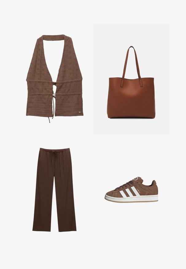 Smešava smeđi frotté materijal s dubokim V-izrezom, prilagodljivim vezanjem u struku, teksturiranom površinom s suptilnim uzorkom, otvorenim prednjim dizajnom.; Smeđe široke hlače izrađene od mekanog materijala, s elastikom u struku i vezicom te dva bočna džepa.; Smeđe nubuk tenisice s bijelim kožnim prugama, gumeni potplat, okrugli nos i vezanje sprijeda. Imaju logo na jeziku i perforirane detalje.; Smeđa kožna torba preko ramena s glatkom teksturom, otvorenim vrhom i dvjema naramenicama. Ima minimalne šavove i nema vidljivog hardvera.