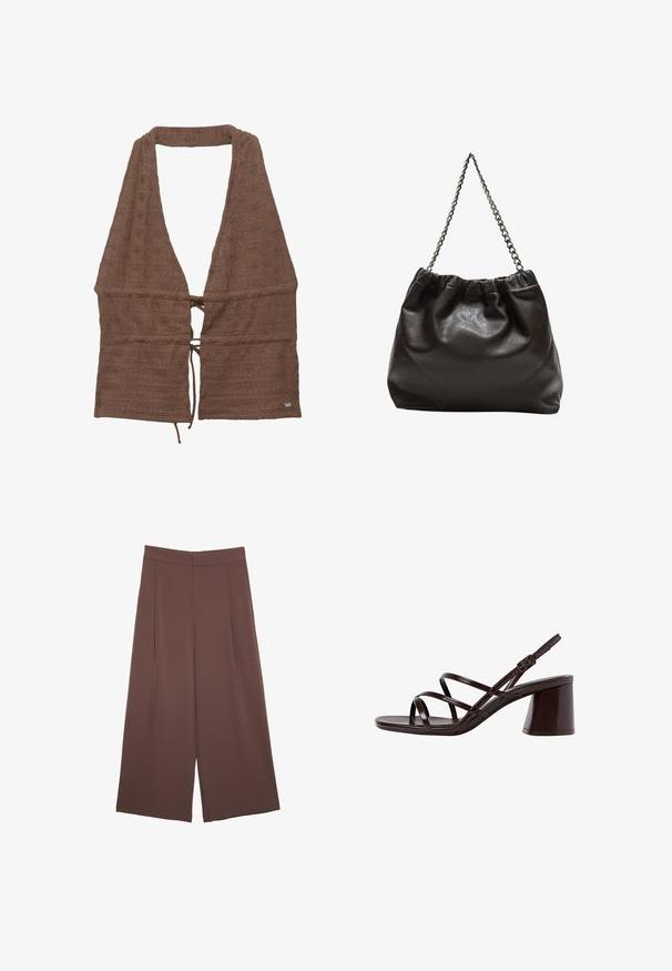 Rjav frotirni material v obliki plašča z globokim V-izrezom, nastavljivim pasom, teksturirana površina z diskretnim vzorcem, odprta sprednja zasnova.; Rjave široke hlače z gladko teksturo, ki imajo visok pas in sprednje naborke. Tkanina je lahka in prosto pada.; Rjave sandale na visoki peti s debelim petom, z gladko, sijajno površino in večkratnimi križnimi trakovi na zgornjem delu.; Rjava usnjena torba z nabranim vrhom in verižnim trakom. Gladka tekstura z sijajno površino in subtilnimi šivi na straneh.