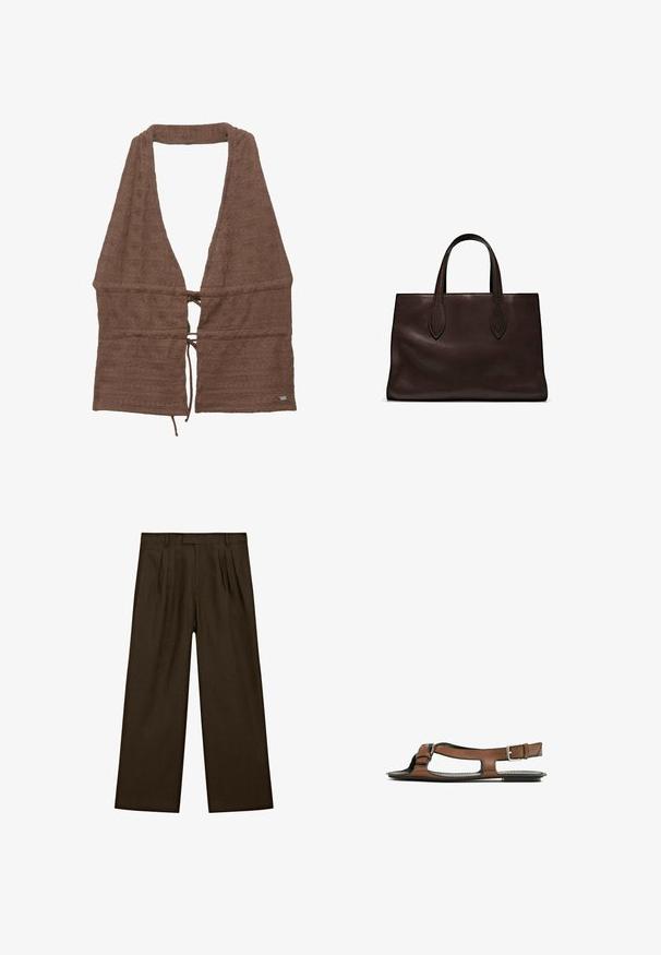 Brun frottétyg omslag med djup V-hals, justerbar knytning vid midjan, texturerad yta med ett subtilt mönster, öppen framsidesdesign.; Bruna linbyxor med avslappnad passform, med framfållar, platt midja och vida, raka ben för en modern silhuett.; Brun lädersandal med öppen tå och sidoklipp. Har en ankelrem med en metallspänne och en platt sula.; Brun läder tote-väska med två avlånga handtag, strukturerad rektangulär form, slät textur och subtila sömdetaljer.