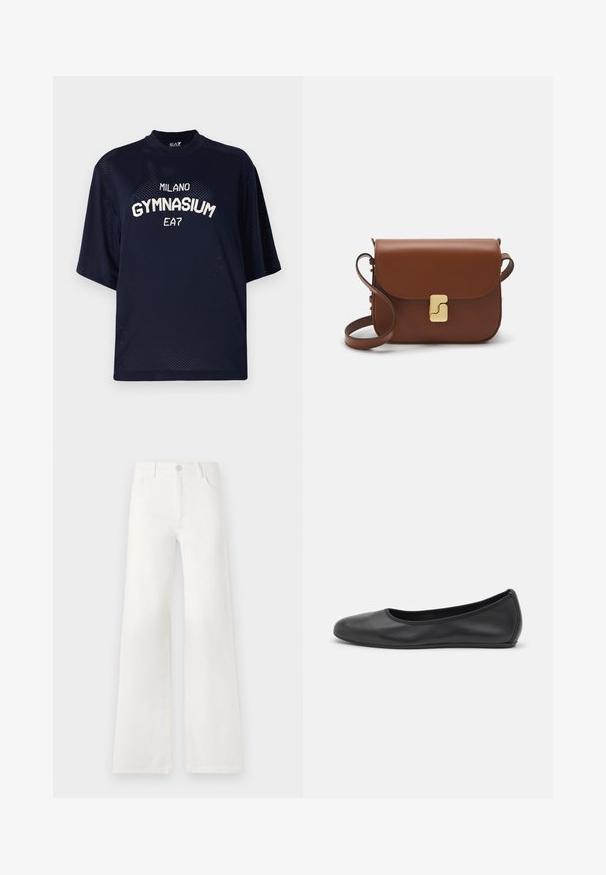 Temno modra mrežasta majica s kratkimi rokavi. Na sprednji strani ima bel napis "MILANO GYMNASIUM" in "EA7". Enostaven kroj, zračen material.; Bela, visoko pasovana široka obrtnica iz denima. Ima zaponko, dva sprednja žepa in stranske šive s podrobnostmi šivanja.; Črne usnjene balerinke z zaobljenim nosom, gladko teksturo, minimalnimi šivi in fleksibilno zasnovo podplata.; Rjava usnjena torbica s poklopcem, zlato obarvani okovi, naramnica in gladka tekstura. Kompaktna pravokotna oblika.