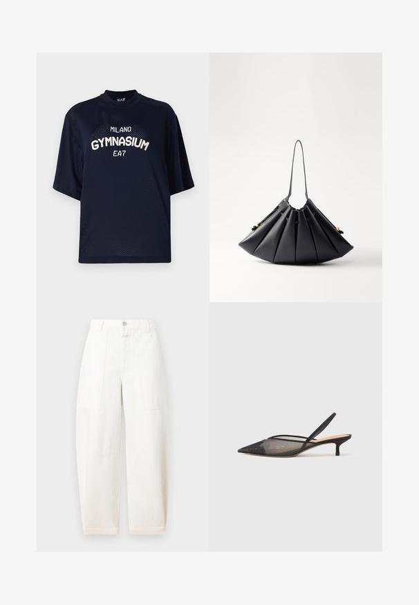 Temno modra mrežasta majica s kratkimi rokavi. Na sprednji strani ima bel napis "MILANO GYMNASIUM" in "EA7". Enostaven kroj, zračen material.; CLOSED RHANNON - Široke hlačnice - ivory; NEOUS IRENA - Klasične pete - black; Črna nabrana torbica iz gladke usnje, z enim ročajem, zlatimi poudarki in geometrijsko strukturirano obliko.