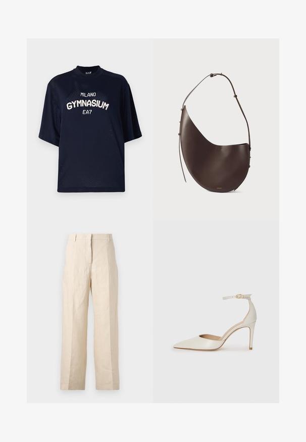 Temno modra mrežasta majica s kratkimi rokavi. Na sprednji strani ima bel napis "MILANO GYMNASIUM" in "EA7". Enostaven kroj, zračen material.; Bež lanene hlače z ohlapnim krojem, z gubami spredaj in ravnimi nogami. Imajo pas z zankami za pas in brez vidnih žepov.; Bela usnjena čevlja na visoki peti z ozkim prstom, trakom okoli gležnja in tanko stiletto peto. Gladka tekstura z rahlim sijočim finišem.; Rjava usnjena torbica s ukrivljeno obliko, enojnim ročajem in minimalističnim dizajnom. Ima subtilen logotip in zlate kovinske dodatke.