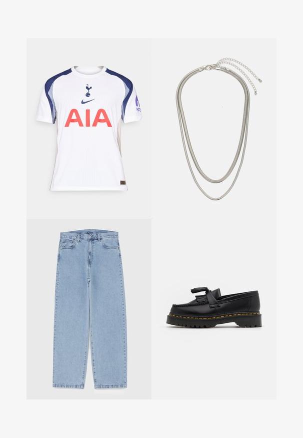 Maillot de football blanc avec des accents bleu marine, portant "AIA" en grandes lettres rouges, un logo de club sur la poitrine et la marque Nike.; Jean en denim bleu clair avec une coupe droite, présentant une taille mi-haute, cinq poches, et une fermeture à bouton et à fermeture éclair.; Mocassin en cuir noir avec un accent à frange, doté d'une semelle épaisse noire et d'une couture jaune le long du bord. Fini texturé.; Collier en métal argenté à trois couches présentant des chaînes flexibles et élégantes avec un léger éclat, sécurisé par un fermoir en forme de homard et une chaîne ajustable.