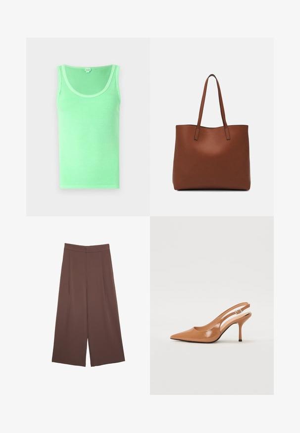 Zeleni rebrasti top brez rokavov z zaobljenim ovratnikom, narejen iz mehke tkanine z gladko teksturo.; Rjave široke hlače z gladko teksturo, ki imajo visok pas in sprednje naborke. Tkanina je lahka in prosto pada.; Slinčaste pete z ostro konico v gladkem, sijočem bež materialu. Imajo ukrivljen rez in vitko stiletto peto. Podrobnost s srebrno zaponko.; Rjava usnjena torba z gladko teksturo, odprto zasnovo zgoraj in dvema naramnima trakovoma. Opremljena je z minimalnim šivanjem in brez vidnih kovinskih delov.
