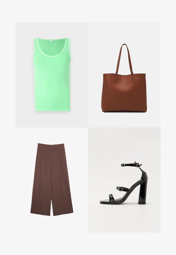 Vihreä ribbipintainen hihaton toppi, jossa on pyöreä kaula-aukko, valmistettu pehmeästä kankaasta, jolla on sileä rakenne.; Ruskeat leveälahkeiset housut, joissa on sileä pinta, korkea vyötärö ja etupleat. Kangas on kevyttä ja laskeutuu väljänä.; Musta kiiltävä korkokenkä sandaalit neliönmuotoisella varpaalla, nilkkaremmillä ja hopeisilla soljilla. Varustettu tukevalla lohkokorkealla vakauden takaamiseksi.; Ruskea nahkainen olkalaukku, jossa on sileä pinta, avoin yläosa ja kaksi olkahihnaa. Omaavat vain minimaalisen ompelun eikä näkyvää metalliosaa.