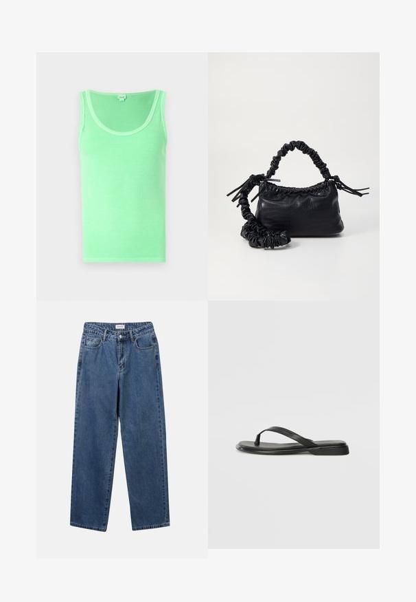Vihreä ribbipintainen hihaton toppi, jossa on pyöreä kaula-aukko, valmistettu pehmeästä kankaasta, jolla on sileä rakenne.; Classiset siniset farkut suoran lahkeen muotoilulla, viidellä taskulla ja napillakaan. Ominaisuudet: keskivahva pesu ja kestävä rakenne.; Mustat varvastossut, joissa on sileä nahkapinta, ohut hihna ja litteä pohja, jossa on minimalistinen muotoilu. Ei huomattavia kuvioita tai koristeita.; Must-have mustekahvi nahkalaukku krokotiiliaistalla, kiristetty yläosa ja rypistetty hihna. Näyttää pehmeältä ja kompaktilta muotoilultaan.