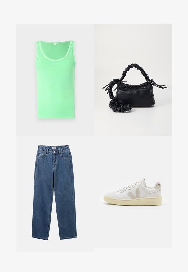 Roheline soonik-särgil, millel on ümar kaelus ja ilma varrukateta disain, valmistatud pehmest kangast, millel on sile tekstuur.; Klassikalised sinised denimists teksad otsejalaga disainiga, viie taskuga ja nööbisuletusega. Omab keskmist pesu ja tugevat tekstuuri.; Valge nahast tenniseking, millel on beežist siidist aktsent ja aukudega varvas, lame paelad ja tekstureeritud koorevärvi tallad. Omab nüansirikast brändimist kannal.; Must must sünteetilisest nahast käekott, millel on krokodillimuster, kokku tõmmatav ülaosa ja kortsus rihm. Tundub pehme ja kompaktne disain.