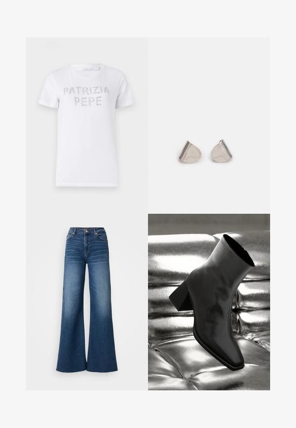 Weißes Baumwoll-T-Shirt mit dem Text "PATRIZIA PEPE" aus silbernen Strasssteinen auf der Vorderseite. Mit kurzen Ärmeln und Rundhalsausschnitt.; Weite Jeans im dunklen Blau mit hoher Taille, subtiler Auswaschung und rohem Saum. Gefertigt aus standardmäßigem Denim-Material.; Schwarzer Knöchelstiefel aus glänzendem Material mit quadratischer Zehenform und verjüngtem Absatz, vor einem glänzenden silbernen gepolsterten Hintergrund.; Silberne Metalohrringe mit einer glatten, tröpfchenförmigen Form und einer polierten Oberfläche. Subtile Gravuren fügen Details hinzu. Minimalistisches Design.