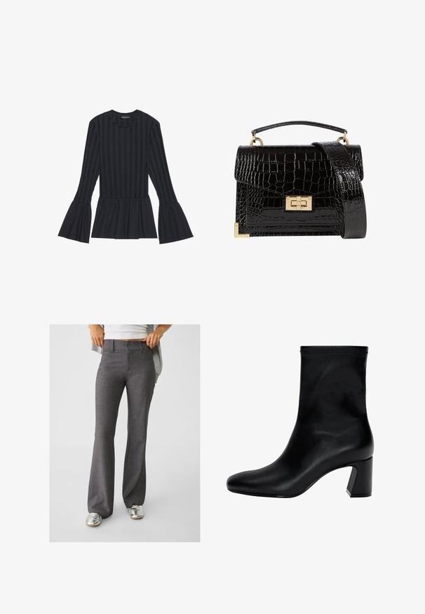 Schwarz langärmliges Oberteil mit vertikalen Streifen und weit ausgestellten Ärmeln. Verfügt über eine Peplum-Silhouette und einen weichen Textilstoff.; Graue, ausgestellte Hosen aus strukturiertem Stoff, mit einer Zwei-Knopf-Verschluss und Gürtelschlaufen, kombiniert mit glänzenden silbernen Sneakers.; Schwarzer Knöchelstiefel aus glattem Leder. Mit quadrater Zehenpartie, elastischem Schaft und einem stabilen Blockabsatz. Minimalistisches Design.; Schwarz lackierte Handtasche mit Krokodilstruktur, goldfarbenen Hardware, einem oberen Griff und einem abnehmbaren Schulterriemen. Rechteckige Form mit Klappenverschluss.