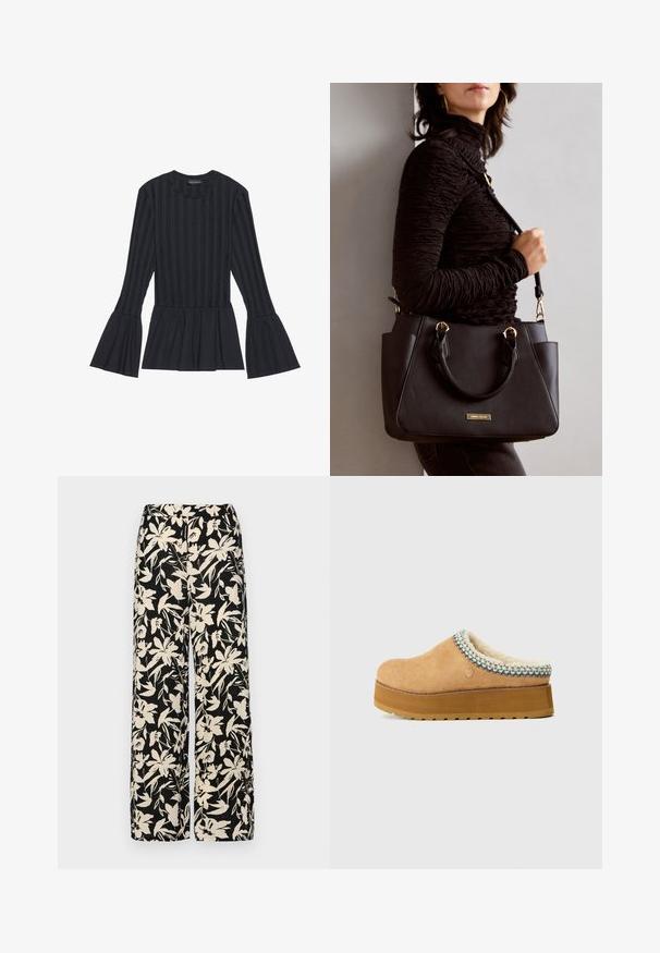 Svart långärmad topp med vertikala ränder och utsvängda ärmar. Har en peplum-siluett och mjukt texturerat tyg.; Svarta vida byxor med ett krämfärgat blommönster. Tillverkade av lättviktig tyg med en slät yta och hög midja.; Tan slip-on klump med en texturerad mockaöverdel, en mjuk foder och en färgglad vävd accent runt kragen. Tjock plattformssula.; Svart handväska med texturerad yta, dubbla handtag upptill och justerbar axelrem. Utrustad med detaljer i guld och sidofickor.