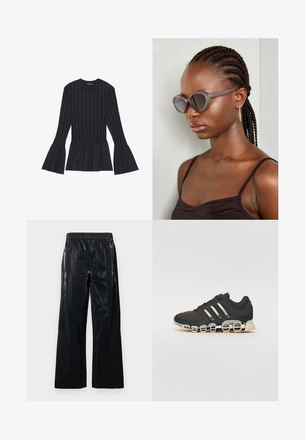 Czarna bluzka z długim rękawem w pionowe paski i rozkloszowanymi rękawami. Posiada sylwetkę peplum oraz miękką, teksturowaną tkaninę.; Czarne, szerokie spodnie wykonane z błyszczącego materiału. Posiadają elastyczny pas i pionowe szwy dla struktury i designu. Gładka tekstura.; Czarne sportowe buty z teksturowaną cholewką, trzema srebrnymi paskami i charakterystyczną podeszwą z amortyzacją, składającą się z wielu zintegrowanych sekcji.; Szare, przerośnięte okulary przeciwsłoneczne o zaokrąglonym kształcie i ciemnych soczewkach. Smukła plastikowa oprawka o gładkim wykończeniu. Model ma warkocze.