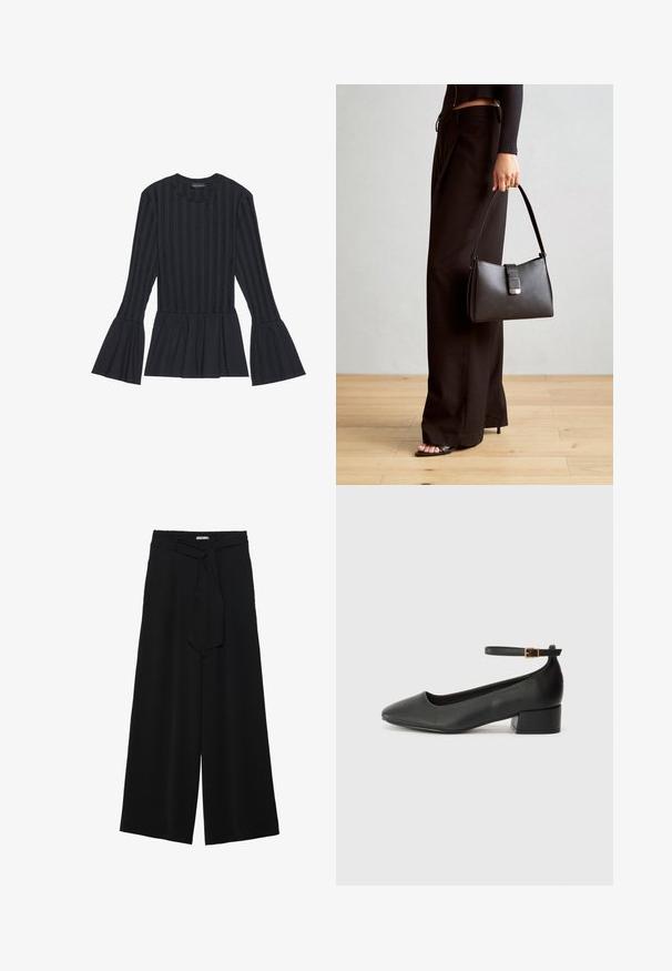 Čierny top s dlhými rukávmi, vertikálnymi prúžkami a rozšírenými rukávmi. Obsahuje peplum siluetu a jemne štruktúrovanú tkaninu.; Čierne široké nohavice s textúrovanou tkaninou, elastickým pásom a odnímateľným viazaním na páse pre nastaviteľné priliehanie.; Čierne kožené lodičky s špicatou špičkou a nízkym blokovým podpätkom. Obsahuje remienok okolo členka so zlatým prackou. Hladký povrch.; Čierna kabelka so štruktúrovaným tvarom, hladkou textúrou a kovovou sponou. V kombinácii so širokými čiernymi nohavicami a sandálmi s otvorenou špičkou na drevenej podlahe.