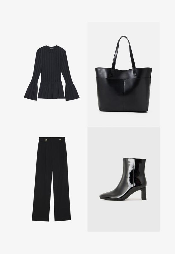 Must mustriga mustega varrukaga must topp, millel on vertikaalsed triibud ja laiendatud varrukad. Omab peplumi siluetti ja pehmet tekstuuri.; Mustad laiad püksid kõrge vöökoha ja nööpdetailidega vööandil, esikortsudega.; Must-sinine nahkjalats musta läikiva viimistlusega, millel on terav nina ja keskmise kõrgusega plokk konts. Sile tekstuur ja minimalistik disain.; Must mustaga musta nahast, millel on kaks pikka kanda, sile tekstuur ja struktureeritud kuju. Esipoolsel on lisakoti jaoks tasku.