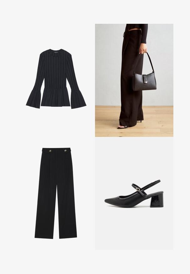 Schwarz langärmliges Oberteil mit vertikalen Streifen und weit ausgestellten Ärmeln. Verfügt über eine Peplum-Silhouette und einen weichen Textilstoff.; Schwarze weite Hosen mit hoher Taille, Knopfdetails am Bund und vorderen Falten.; Schwarze Lackleder-Slingback-Absätze mit spitzer Zehenform, einem runden Ausschnitt-Design und einem Blockabsatz. Mit einem goldfarbenen Schnallenakzent.; Schwarze Handtasche mit strukturierter Form, glatter Textur und einem metallischen Verschluss. Kombiniert mit weiten schwarzen Hosen und offenen Sandalen auf einem Holzboden.