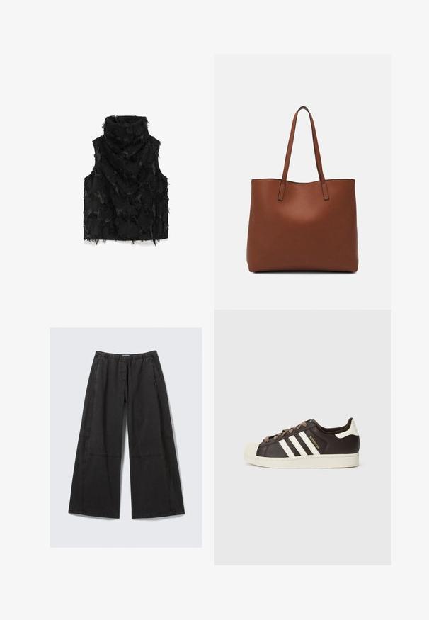 Svart ärmlös väst med hög krage, texturerad tyg med fransade detaljer och ett abstrakt mönster över hela ytan.; Svarta vida byxor i bomull. Har en elastisk midja och sidopotter med sömdetaljer. Slät front utan fickor.; Low-top Adidas Superstar-sneaker i mörkbrunt läder med krämfärgad tåhätta, vita ränder och texten "Superstar" på sidan.; Brun läder tote-väska med en slät textur, öppen toppdesign och två axelremmar. Har minimal söm och ingen synlig metalldetalj.