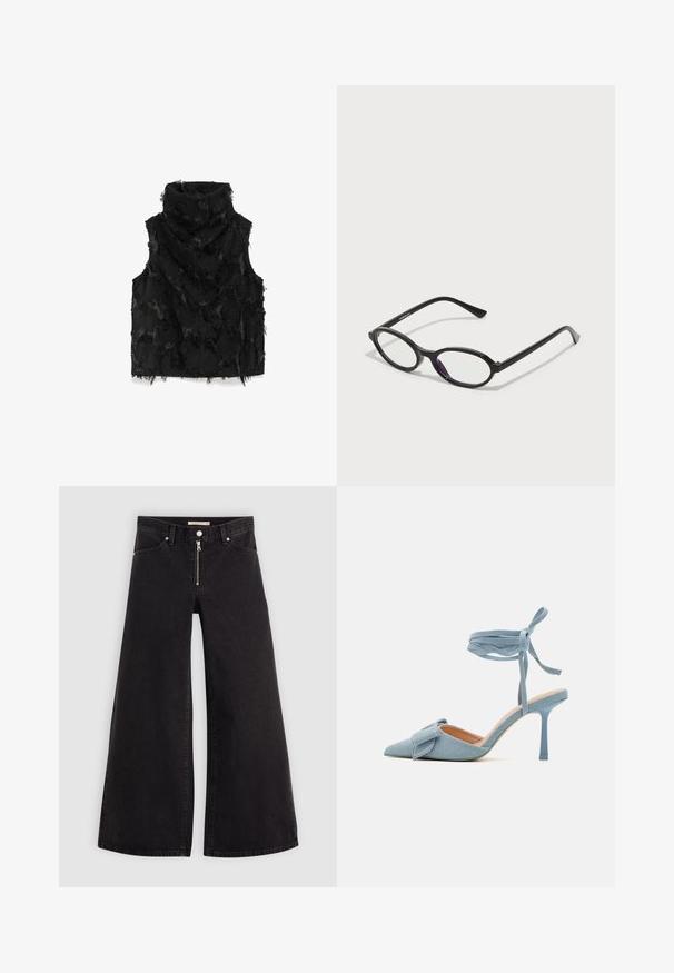 Black sleeveless vest featuring a high collar, textured fabric with frayed accents, and an abstract pattern throughout the surface.; Wide-leg jeans in black denim with a zippered front, five-pocket design, and subtle stitching details. Smooth texture and casual style.; Pointed-toe high heel shoe in light blue fabric with a textured finish, featuring a bow accent and ankle strap for secure fit.; Black oval-frame glasses with translucent purple accents on the lenses. Frames have a matte finish and slender, straight temples.