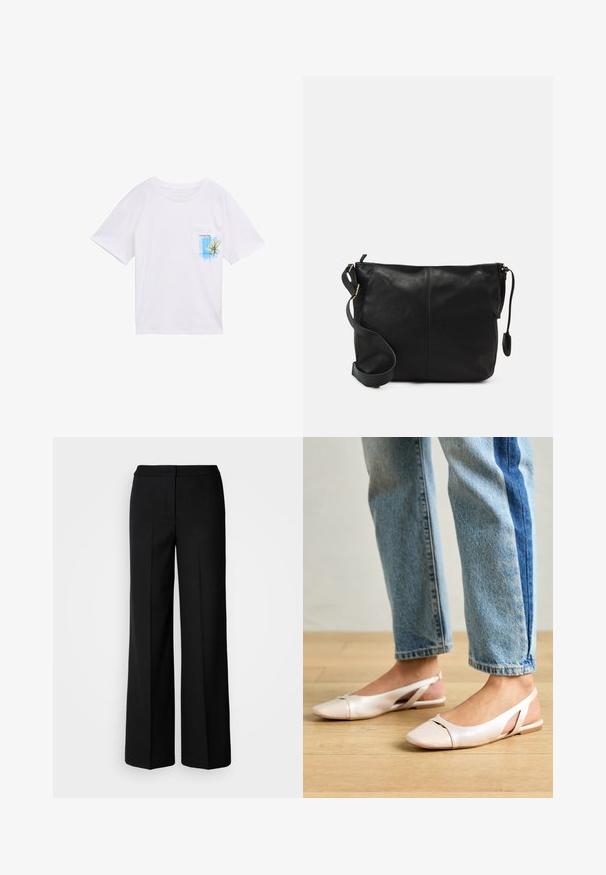 Tricou alb din bumbac cu mâneci scurte, decolteu rotund și buzunar pe pieptul stâng, cu un grafic albastru și textul "Zi frumoasă."; Pantaloni negri cu picioare largi dintr-un material neted, având talie înaltă, cusături adaptate și un design minimalist. Fără accesorii vizibile sau buzunare.; Sandalete plate de un roz pal cu vârf ascuțit, realizate dintr-un material asemănător pielii, neted. Prezintă detalii decupate pe laterale și un toc plat.; Geantă de umăr din piele neagră, cu o formă plată, accente de metal auriu și o curea ajustabilă. Textură netedă cu detalii de cusătură minime.