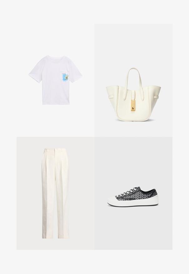 Camiseta blanca de algodón con mangas cortas, escote redondo y un bolsillo en el pecho izquierdo que presenta un gráfico azul y el texto "Lovely Day."; Polo Ralph Lauren HEMP WIDE LEG PANT - Pantalones - nevis; Zapatillas de deporte en negro y gris con un capuchón de goma blanca en la puntera, con un diseño de cordones y acentos texturizados en negro en los lados.; Bolso de tote de cuero blanco con forma estructurada, costuras prominentes, etiqueta de hardware dorado y asas dobles. Superficie texturizada con bolsillos laterales.
