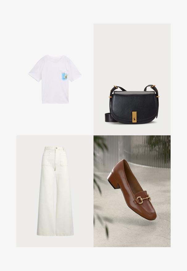 Balta kokvilnas T-krekls ar īsām piedurknēm, apaļu kakla izgriezumu un kreisajā krūtīs kabatu, kurā ir zila grafika un teksts "Lovely Day."; Platās kājas džinsi off-white denima. Augsta jostasvieta ar pogu aizdari, divas priekšējās kabatas un kontrastējošas šuvju detaļas.; Brūni lakoti ādas loaferi ar kvadrātu purngalu, metālisku ķēdes akcentu un zemu blokveida papēdi; gluda tekstūra, minimālisma dizains.; Melnas ādas crossbody soma ar izliekumu, zelta toņu aparatūru un priekšējo uzraksta detaļu ar logotipu. Iekļauta regulējama siksna.