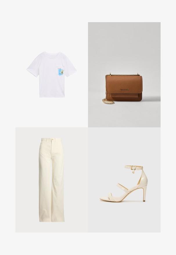 Hvid bomulds t-shirt med korte ærmer, rund halsudskæring og lomme på venstre bryst, der har et blåt grafisk motiv og teksten "Lovely Day."; Polo Ralph Lauren COTTON CORDUROY WIDE-LEG PANT - Bukser - warm white; Beige høje hæle sandaler med tynd ankelrem og to øvre remme. Glanset lakfinish og guld hardware detalje på ankelremmen.; Brun tekstureret læder crossover-taske med guldkæde-rem og klaplukning. Forsiden har logo-detalje og en lomme under klappen.