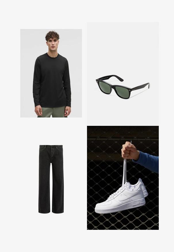 Černé dlouhé rukávy tričko z lehkého materiálu, s kulatým výstřihem a jednoduchým designem, nošené s olivově zelenými kalhotami.; Černé džíny s širšími nohavicemi a vysokým pasem, s klasickým designem pěti kapes a jemným vyblednutím pro texturovaný vzhled.; Bílé kožené tenisky s perforacemi, kulatou špičkou, plochou podrážkou a silnými tkaničkami, které mají viditelné logo swoosh a nápis "AIR" na patě.; Černé plastové sluneční brýle se zelenými skly, čtvercové obroučky, stříbrný detail na obočí a texturované stranice. Značka uvedená na vnitřní straně stranic.