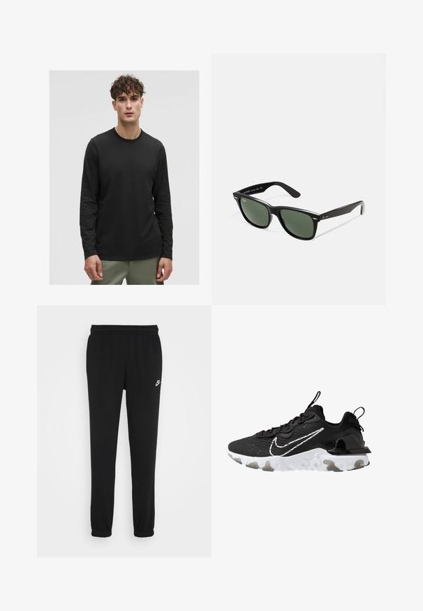 T-shirt nera a maniche lunghe realizzata in tessuto leggero, con scollo rotondo e design semplice, indossata con pantaloni verde oliva.; Pantaloni da jogger neri con vita elasticizzata, polsini alle caviglie e un piccolo logo Nike bianco sul lato sinistro. Realizzati in un morbido tessuto testurizzato.; Scarpa sportiva nera con tomaia in tessuto testurizzato, il logo Nike bianco e una suola spessa bianca. Presenta un occhiello sul tallone per indossarla facilmente.; Occhiali da sole in plastica nera con lenti verdi, montatura quadrata, dettaglio argento sulla parte superiore e steli con texture. Marchio indicato sulla parte interna dello stelo.