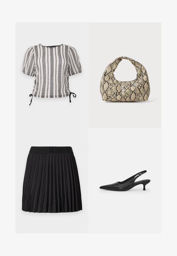 Randig blus i svart och vitt med puffärmar, rynkade sidor och justerbara bindningar. Texturerad tyg med en mjuk glans. Rund halsringning.; Svart plisserad kjol med en slät yta, med en enfärgad svart midja och en präglad logodetalj framtill.; Svart läder slingback-sandalett med spetstopp och en smal, böjd klack. Har ett diskret justerbart rem med en metallspänne.; Väskan i ormtryck har ett böjt handtag. Den är tillverkad av strukturerade, beige och bruna material och har ett distinkt diamantsmönster.