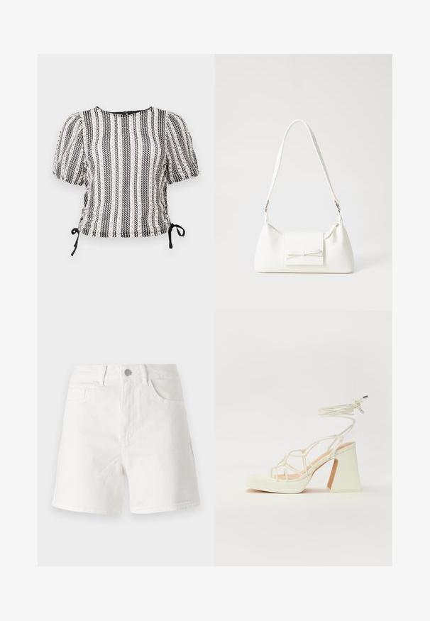 Fekete-fehér csíkos blúz puffos ujjal, ráncolt oldalakkal és állítható fűzőkkel. Texturált anyag lágy fényű. Kerek nyakkivágás.; Fehér farmer rövidnadrág klasszikus szabással, elülső gombos záródással, övhurkokkal és két elülső zsebbel. Simá felszín és letisztult dizájn.; Fehér, magassarkú szandál vastag sarokkal, pántos dizájnnal és bokapánttal. Sima textúra, elülső platformmal a megnövelt magasság érdekében.; Fehér szintetikus kézitáska, háromszög alakú, lapos előlap, masni részlettel, állítható pánttal, sima textúrával és minimalista dizájnnal.