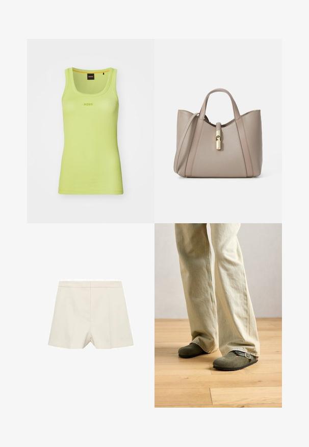 Hladký bezrukávový top v jasně limetkové barvě s kulatým výstřihem. Na hrudi je uprostřed umístěno logo "BOSS" v odpovídající barvě nitě.; Světle modrá košile na knoflíky z bavlny, s dlouhými rukávy, klasickým límečkem a malým vyšitým logem na levém manžetovém okraji.; Krémové šortky s upraveným střihem, které mají hladkou texturu, plochý přední díl a jemné sklady. Jednoduchý design bez ozdob.; Osoba v světlobéžových širokých kalhotách a olivově zelených semišových nazouvacích botách s přezkou na světlé dřevěné podlaze.; Beige kožená taška přes rameno s dvojitými uchy, zlatou sponou a strukturovaným designem, který obsahuje kontrastní hladké a texturované panely.; Pilgrim JACE - Náušnice - gold-coloured