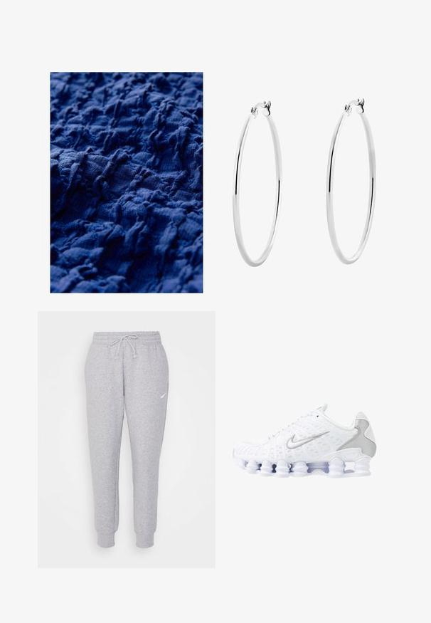 Texturiertem marineblauen Stoff mit einer zerknitterten Struktur und ungleichmäßigen Rillen, die eine variierte Oberflächentiefe und ein weiches, gewebtes Aussehen zeigen.; Hellgraue Sweatpants mit einem Kordelzug in der Taille, schmal zulaufenden Beinen und einem kleinen weißen Logo am linken Oberschenkel. Hergestellt aus einem weichen, strukturierten Stoff.; Weiße Sportschuhe mit einem oberen Teil aus Mesh, silbernen Akzenten und einem einzigartigen Spiralsohlendesign. Verfügt über einen gepolsterten Schaft und eine Schnürung für optimalen Halt.; Silberne Creolen mit einer glatten, polierten Oberfläche und nahtlosem Design, versehen mit abgerundeten Kanten und einem sicheren Verschluss.
