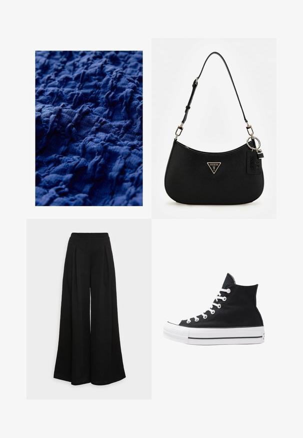 Navy spalvos tekstūruotas audinys su raukšlių raštu ir nevienodais reljefais, demonstruojantis įvairų paviršiaus gylį ir minkštą, audinį primenančią išvaizdą.; Plati juodos kelnės, pagamintos iš minkštos medžiagos, su priekinėmis raukšlėmis ir aukštu liemeniu, garantuojančios laisvą siluetą.; Juodos aukštos kanvas sportbačiai su baltais akių angomis, raišteliais ir guma padais. Yra tekstūruotas pirštų gaubtas ir juodai baltos juostos akcentai.; Juodas sintetinės medžiagos petinės rankinės su lenkta siluetu, tekstūruota apdaila, auksiniu trikampiu logotipu ir nuimamais aksesuarais.