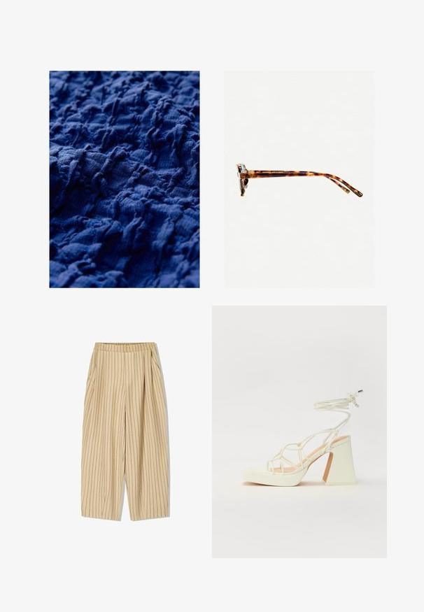 Material texturat de culoare bleumarin, prezentând un design plisat cu denivelări inegale, evidențiind adâncimi de suprafață variate și un aspect moale, țesut.; Pantaloni bej stripe cu un tiv elastic, având două buzunare laterale, croială lejeră și dungi verticale negre pentru detaliu.; Sandale albe cu toc înalt și gros, cu un design cu curele și legătură la gleznă. Textură netedă, cu o platformă frontală pentru înălțime suplimentară.; Ochelari de soare cu ramă de țestoasă, cu un cadru gros, temple ușor curbate și textură netedă. Prezintă un design clasic, cu o finisare lucioasă.