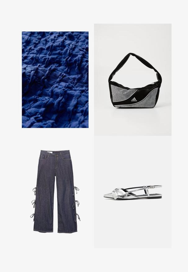 Textured navy fabric featuring a crinkled design with uneven ridges, showcasing varied surface depth and a soft, woven appearance.; Denim wide-leg pants in dark blue with side ties and a button closure. Features front pockets and a relaxed silhouette.; Silver metallic slingback flats with a pointed toe, featuring a knot detail on the front and an adjustable strap for secure fit.; Black and silver adidas handbag with a smooth texture, featuring a shiny studded pattern and a distinctive curved design.