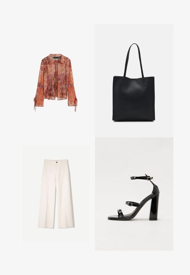 Transparante blouse met lange mouwen in een rode en oranje bloemenprint, met een kraag en striksluiting. Voorzien van geraffineerde mouwen met trekkoordaccenten.; Crème brede broek met een tailored ontwerp, voorzien van twee voorzakken en een enkele sluiting met een knop aan de voorkant, gemaakt van een gladde stof.; Zwarte gepatenteerde sandalen met hak en een vierkante neus, enkelbandjes en zilveren gespen. Heeft een stevige blokhak voor stabiliteit.; Zwarte leren handtas met een gladde textuur, rechthoekige vorm en twee lange handvaten. Geen zichtbare hardware of versieringen.