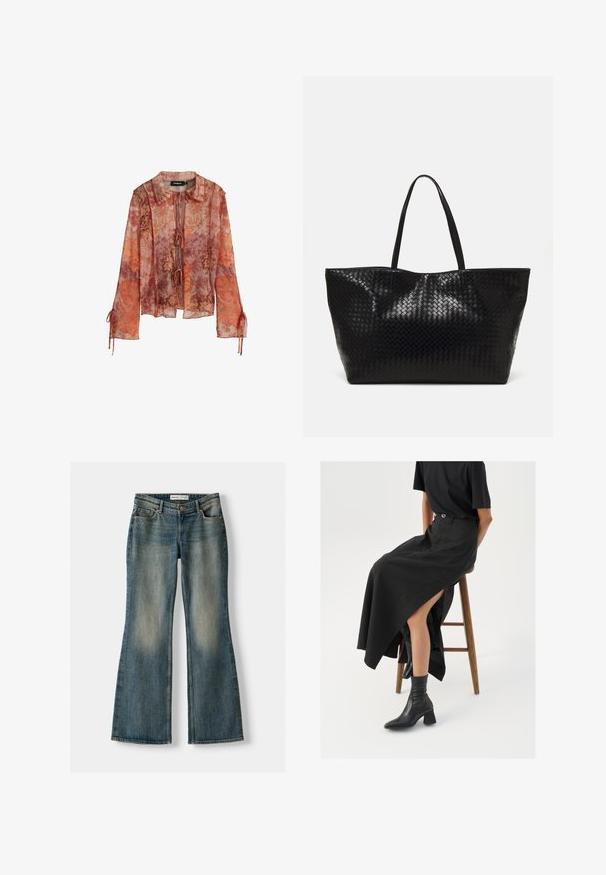 Transparent long-sleeve blouse in red and orange floral print, with a collar and tie closure. Features gathered sleeves with drawstring accents.; Blue flared jeans with a faded wash, five pockets, and a button closure. Material shows a denim texture with subtle stitching details.; Black linen maxi skirt with a high slit, worn with a black t-shirt and black ankle boots. Minimalistic design with a relaxed fit.; Black woven tote bag with two sturdy handles, featuring a glossy texture and a spacious open top design.