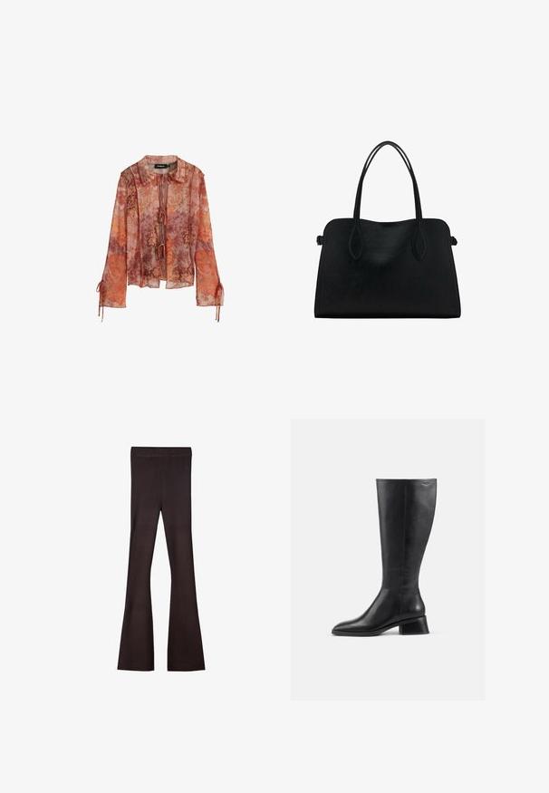 Průhledná blůza s dlouhými rukávy v červené a oranžové květinové potisku, s límečkem a zavazováním. Obsahuje nařasené rukávy s akcenty na stažení.; Bershka Kalhoty - dark brown; Černá kožená bota do výšky kolen s kulatou špičkou a nízkým blokovým podpatkem. Má hladký povrch a minimální švy.; Černá kožená kabelka s dvojitými ramenními popruhy, obdélníkový tvar a minimalistický design na bílém pozadí.