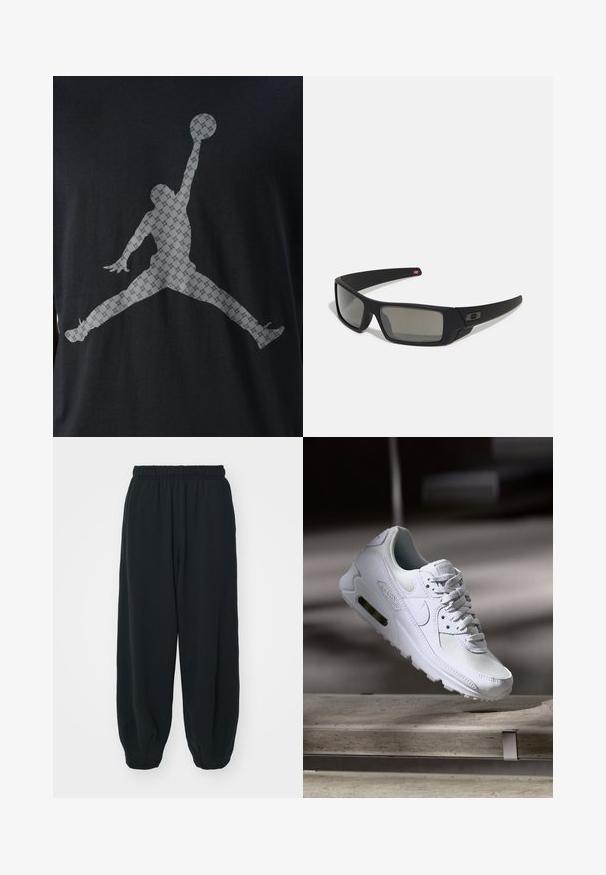 Juodas marškinėlis su dideliu pilku šokio figūros siluetu, laikant krepšinio kamuolį, su tekstūruotu raštu visame dizaino paviršiuje.; Juodi, su elastiniu juosmeniu sportiniai kelnės su laisvu siluetu, suapvalintais kulkšnimis, lygia tekstūra ir be matomų raštų ar metalinių akcentų.; Baltos Nike Air Max 90 sportbačiai su.comi ir odos viršumi, perforuota pirštų dėžute ir matomu oro pagalvėle kulne.; Juodi akiniai saulės su matinio paviršiaus užbaigimu, stačiakampiai lęšiai, švelnus lenkimas ant šventyklų, subtilus logotipo detalizavimas ir dūminiai lęšiai.