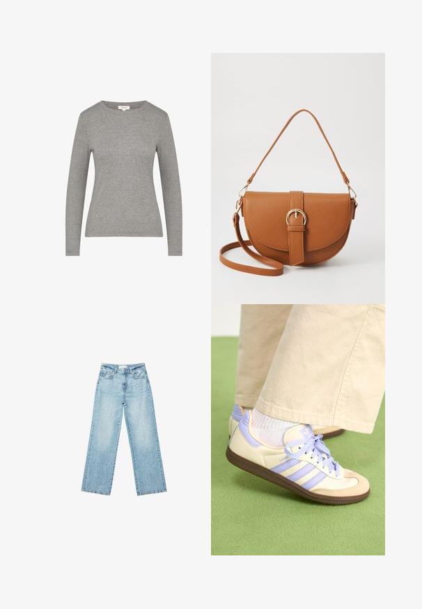 Langärmliges graues Oberteil aus weichem, strukturiertem Stoff mit Rundhalsausschnitt und taillierter Silhouette. Einfaches Design ohne Muster oder Verzierungen.; Helle blaue Denim-Jeans mit weitem Bein und hoher Taille, im lässigen Look mit einem ausgewaschenen Finish und kleinen, verstreuten Used-Effekten.; Cremefarbene und lavendelfarbene Sneakers mit drei Streifen und einer strukturierten braunen Sohle, ausgestattet mit Schnürsenkeln und einer gepolsterten Ferse. Obermaterial aus weichem Stoff.; Braune Leder-Crossbody-Tasche mit geschwungener Form, goldfarbenen Beschlägen und einer Schnallenakzentuierung. Verfügt über einen abnehmbaren Schultergurt.