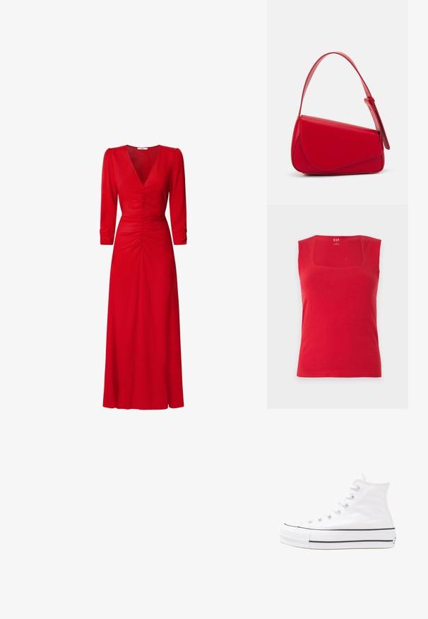 Piros, pamutból készült ujjatlan felső négyzet alakú nyakkivágással és széles vállpántokkal. Simább textúra, testhez álló fazon, belül márkalogóval.; Piros ruha V kivágással, háromnegyedes ujjakkal és gyűrt részletekkel a derékrészen és a háton. Az anyag simának és könnyűnek tűnik.; Fehér magaskorsó vászon sportcipő fekete gumi talppal, elülső gumi orrnyereggel és hat fűzőlyukkal, letisztult, minimalista dizájnnal.; Piros bőr kézitáska szögletes, geometrikus kialakítással. Egy állítható pánttal és varrott részletekkel ellátott fedélzárral rendelkezik.