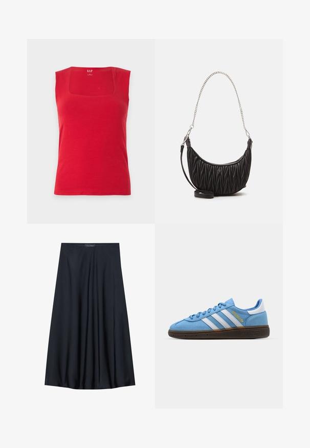 Rød tanktop laget av bomull med firkantet halslinje og brede skulderstropper. Glatt tekstur, tettsittende design, og merkevarelogo trykket innvendig.; Sort, knelangs skjørt laget av lett stoff med en flytende design. Har en jevn tekstur og subtile folder for ekstra detalj.; Lyseblå sueadesko med hvite lærstriper, en brun teksturert såle og gulllogo. Lågt design med rund tå.; Svart faux lærveske med quiltet tekstur, buet form, sølvkjede stropp og en liten logoaksent foran.; Gullfarget rektangulær klokke med hvit urskive, sølvfargede timeindikatorer og et slitesterkt metallarmbånd. Vanntett funksjon inkludert.