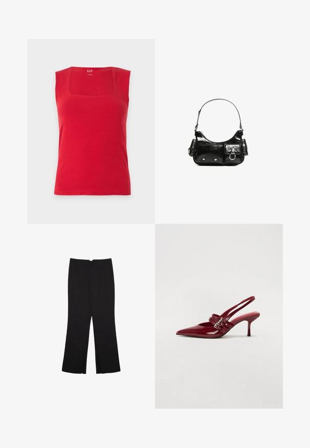 Červený top na ramínka vyrobený z bavlny, se čtvercovým výstřihem a širokými ramínky. Hladká textura, přiléhavý střih a logo značky potištěné uvnitř.; Černé kalhoty s rovným střihem, s předními kapsami a bočními rozparky na lemu. Vyrobené z jemné, hladké tkaniny. Vhodné na různé příležitosti.; Červené lakované kožené lodičky na podpatku s špičatou špičkou, dvěma přezkami a štíhlým, středně vysokým jehlovým podpatkem. Hladký povrch.; Černá lakovaná kožená kabelka s křivkovým tvarem, jedním ramenním popruhem, předními kapsami a stříbrnými kovovými detaily.