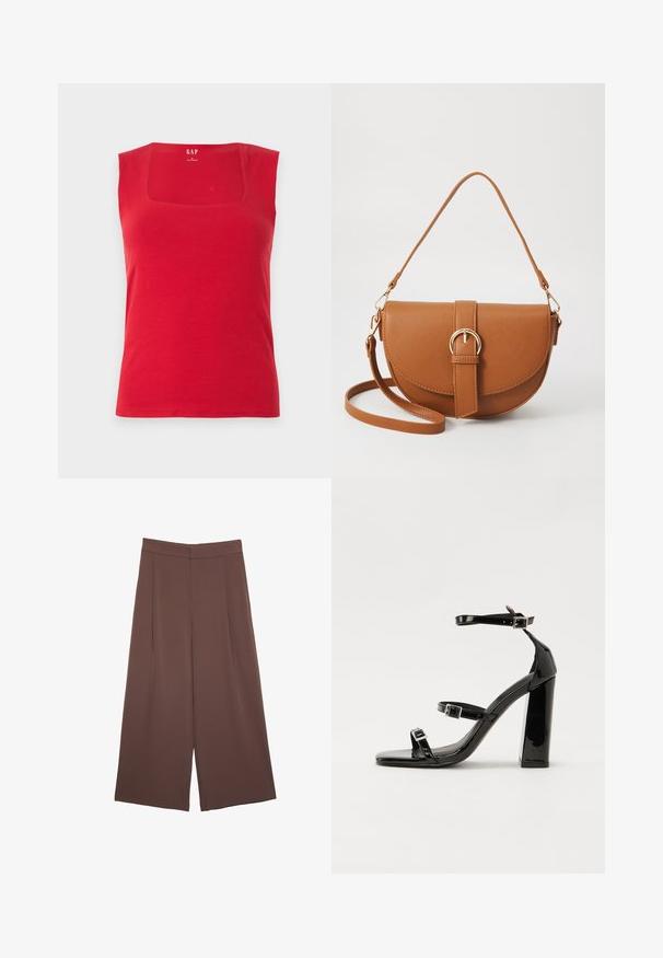 Röd linne i bomull med fyrkantig halsringning och breda axelremmar. Slät textur, figurnära design och varumärkeslogotyp tryckt inuti.; Bruna vida byxor med en slät textur, som har hög midja och framfickor. Tyget är lätt och flödar löst.; Svarta lackerade klacksandaler med fyrkantig tå, ankelremmar och silverfärgade spännen. Har en kraftig blockklack för stabilitet.; Brun läder crossbody-väska med en böjd form, gyllene detaljer och en spänneaccent. Har en avtagbar axelrem.