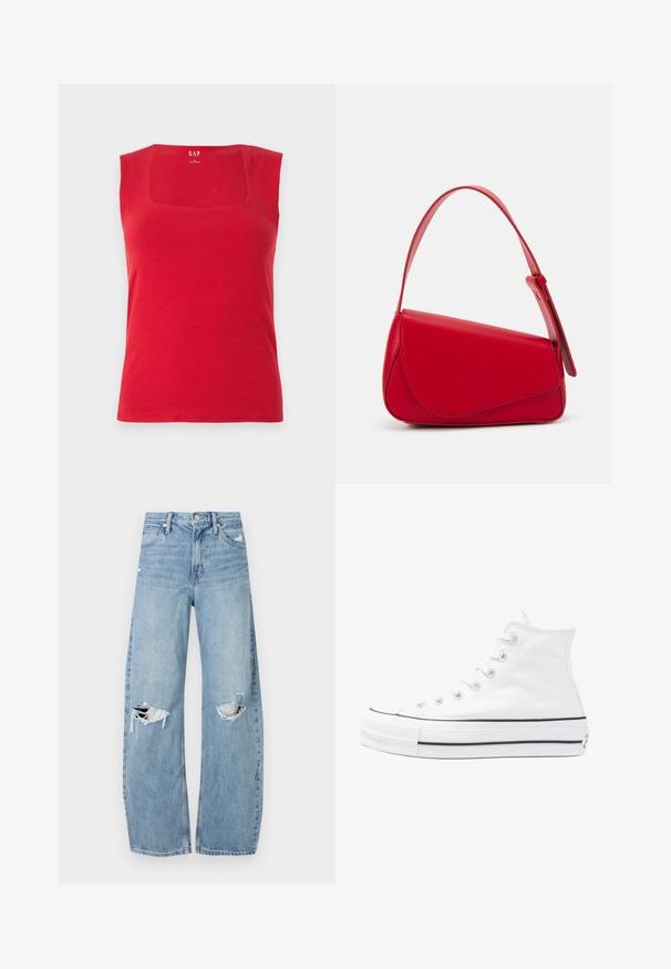 Canottiera rossa in cotone con scollatura quadrata e spalline larghe. Tessuto liscio, design aderente e logo del marchio stampato all'interno.; Jeans azzurri chiari a vita alta realizzati in denim. Presentano gambe larghe, due aree strappate sulle ginocchia e il classico styling a cinque tasche.; Sneaker alta in tela bianca con suola in gomma nera, punta in gomma frontale e sei asole per i lacci, caratterizzata da un design pulito e minimalista.; Borsa a tracolla in pelle rossa con un design angolare e geometrico. Presenta una singola tracolla regolabile e una chiusura a patta con dettagli cuciti.