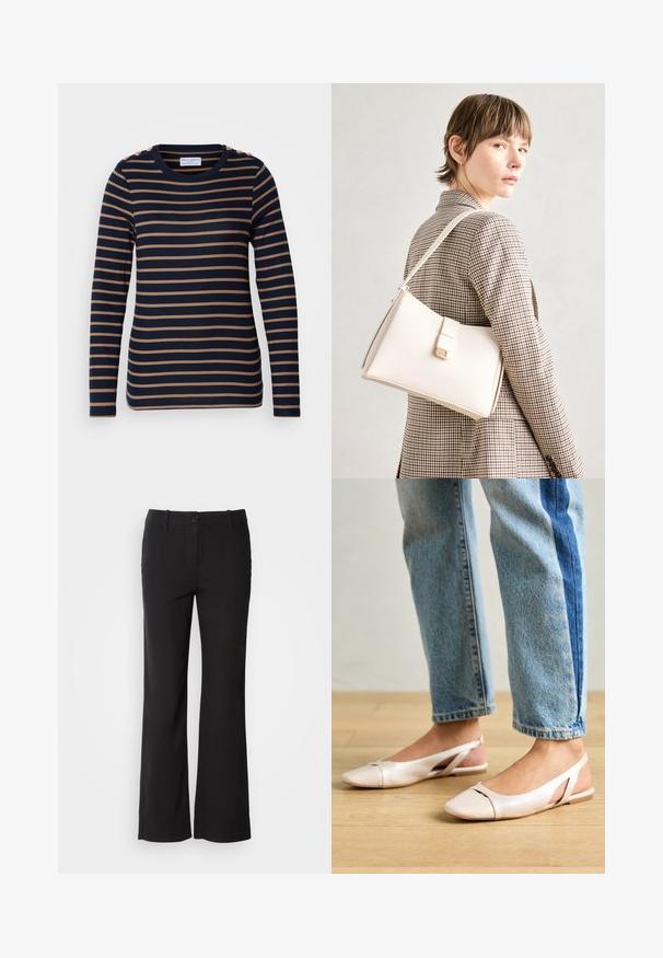 Lindex KATARINA - Bluză cu mânecă lungă - dark navy; Pantaloni negri dintr-un amestec de bumbac, cu un design drept, închidere frontală cu buton și două buzunare laterale. Textură netedă, fără modele vizibile.; Sandalete plate de un roz pal cu vârf ascuțit, realizate dintr-un material asemănător pielii, neted. Prezintă detalii decupate pe laterale și un toc plat.; Geantă de mână din piele albă cu un design structurat, având o închidere magnetică și un breteau, expusă pe un fundal neutru.